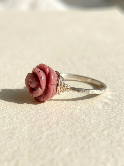 Carved pink crystal flower ring 14k sterling silver side view