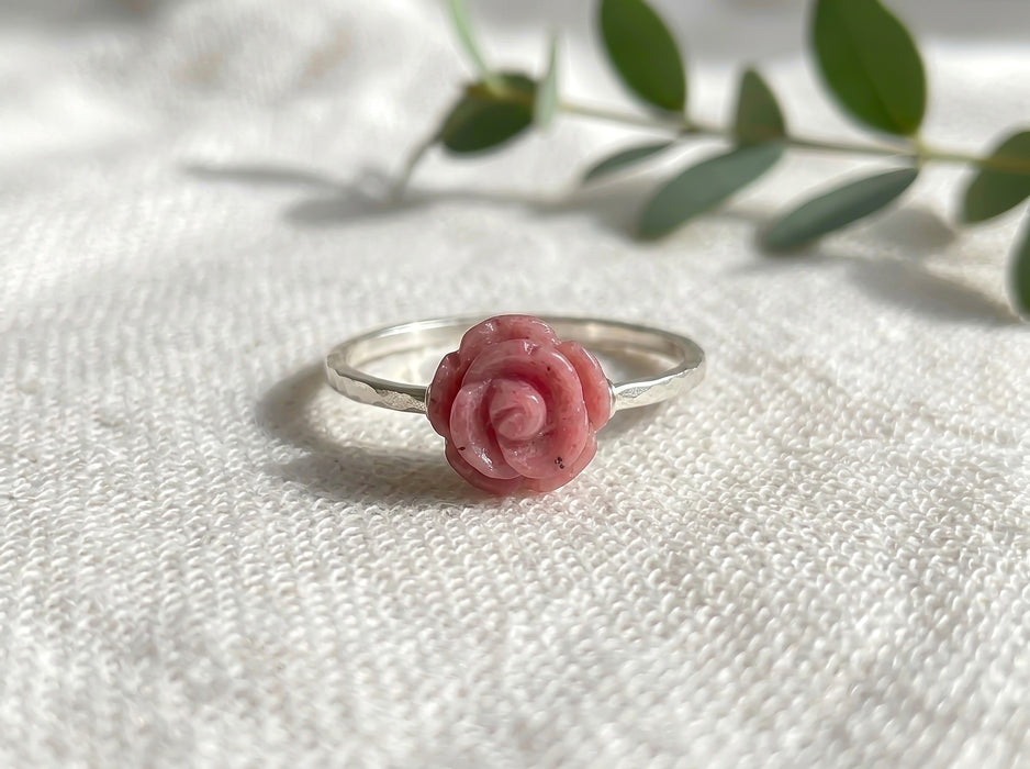 Gold Filled Carved Rhodochrosite Natural Crystal Pink Rose Ring