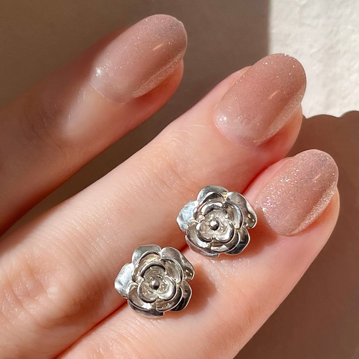 Vintage sterling silver rose stud earrings on hand 1990s earrings
