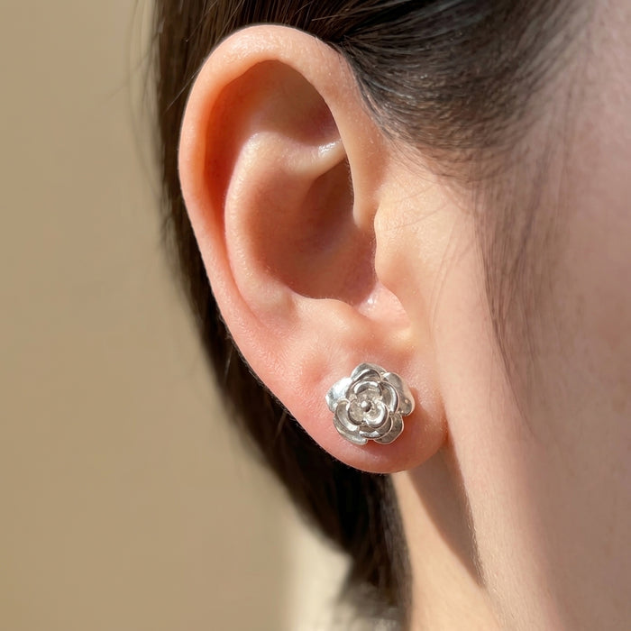 Vintage Rose Stud Earrings, Sterling Silver