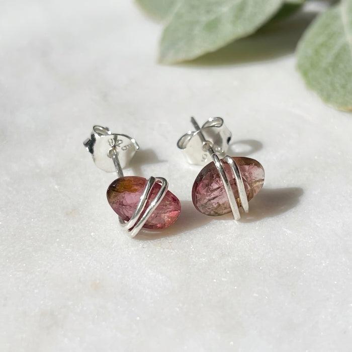Watermelon tourmaline oval stud earrings sterling silver alternate view