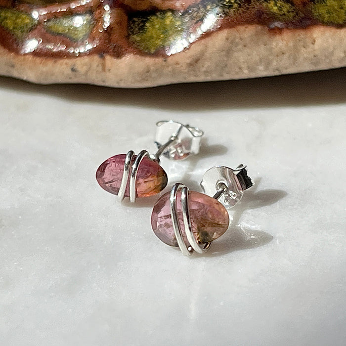 Sterling Silver Bicolor Watermelon Tourmaline Oval Stud Earrings