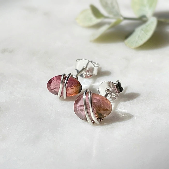 Watermelon tourmaline oval wrapped stud earrings sterling silver