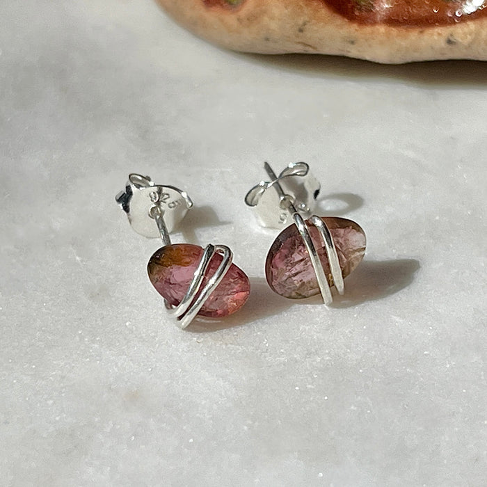 Sterling Silver Bicolor Watermelon Tourmaline Oval Stud Earrings