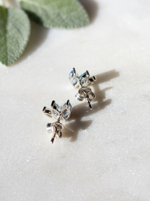 Blue topaz and aquamarine marquise stud earrings sterling silver back view