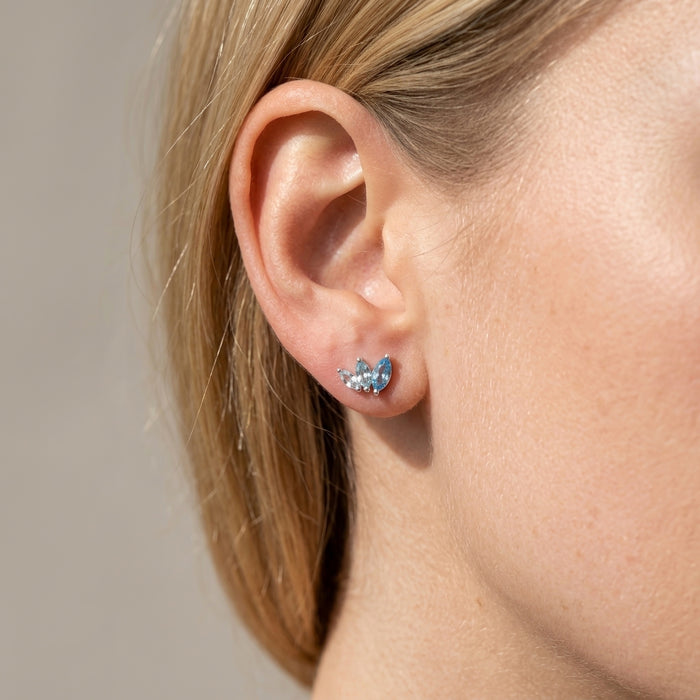 Swiss blue topaz and aquamarine marquise stud earrings sterling silver on model