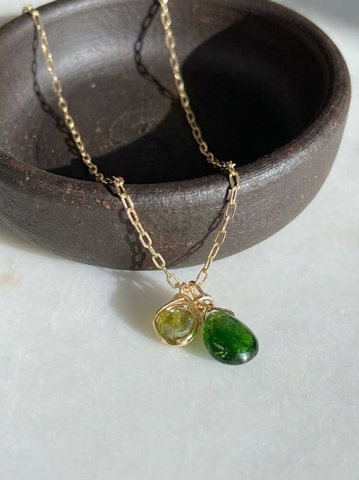 Green Gemstone Layering Necklace with Tourmaline and Chrome Diopside, Gold Filled
