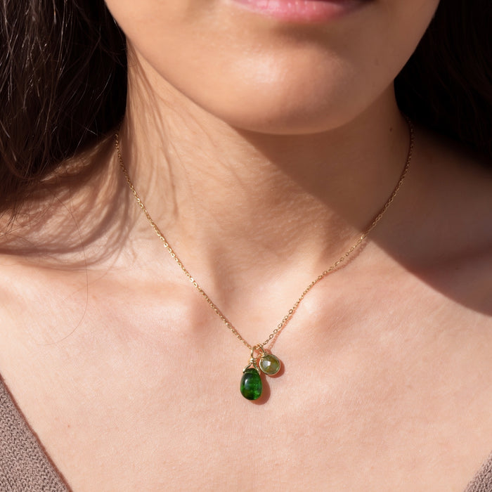 Green Gemstone Layering Necklace with Tourmaline and Chrome Diopside, Gold Filled