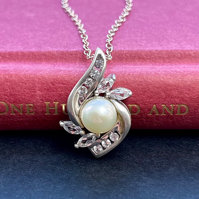 Vintage white sapphire and pearl cluster pendant necklace sterling silver