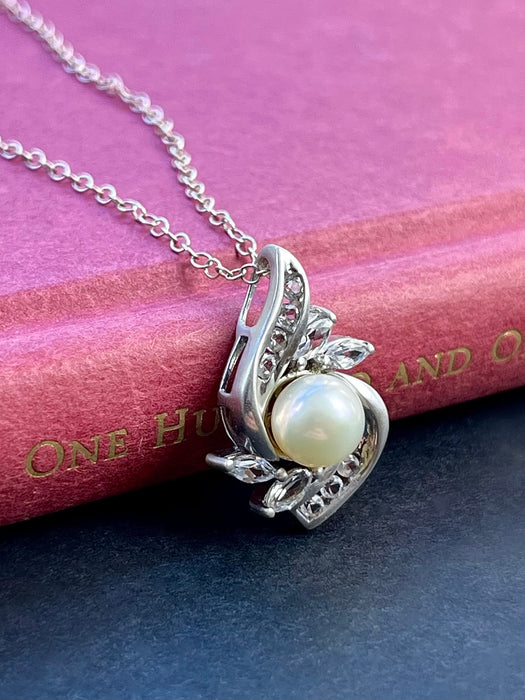 Vintage white sapphire and pearl cluster necklace sterling silver side view