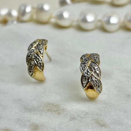 Vintage Two Tone Braided Diamond Hoop Earrings Front View