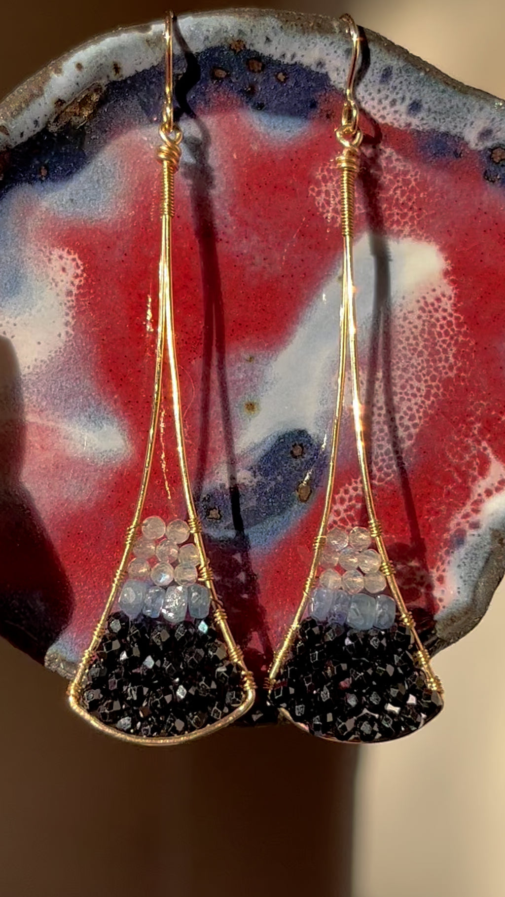 Handmade Gold Filled Sapphire and Black Spinel Fan Drop Earrings Video